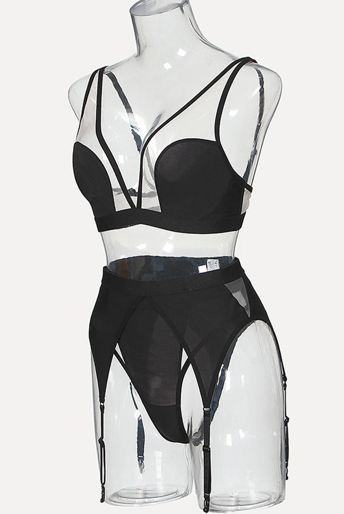 Black mesh bra and garter thong lingerie set on a mannequin, front with thigh panels