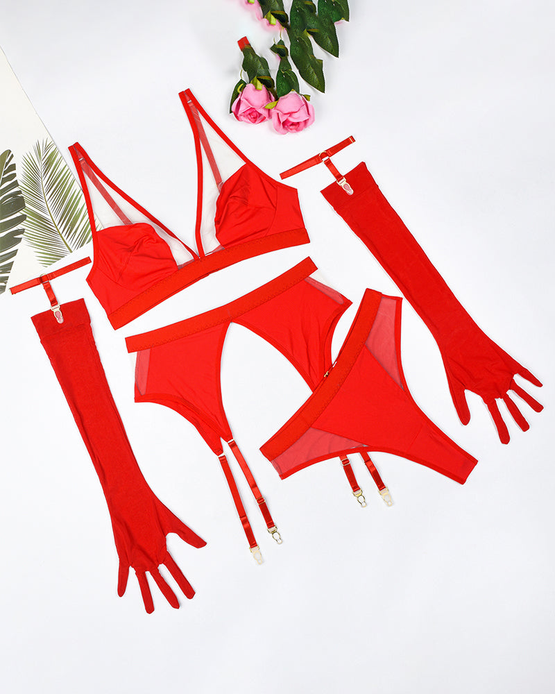 Red mesh lingerie set with gloves, elegant and sexy design for women, perfect gift.