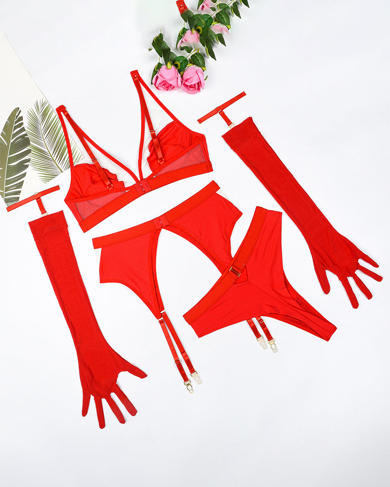 Red mesh lingerie set with gloves, elegant and sexy, adjustable straps.