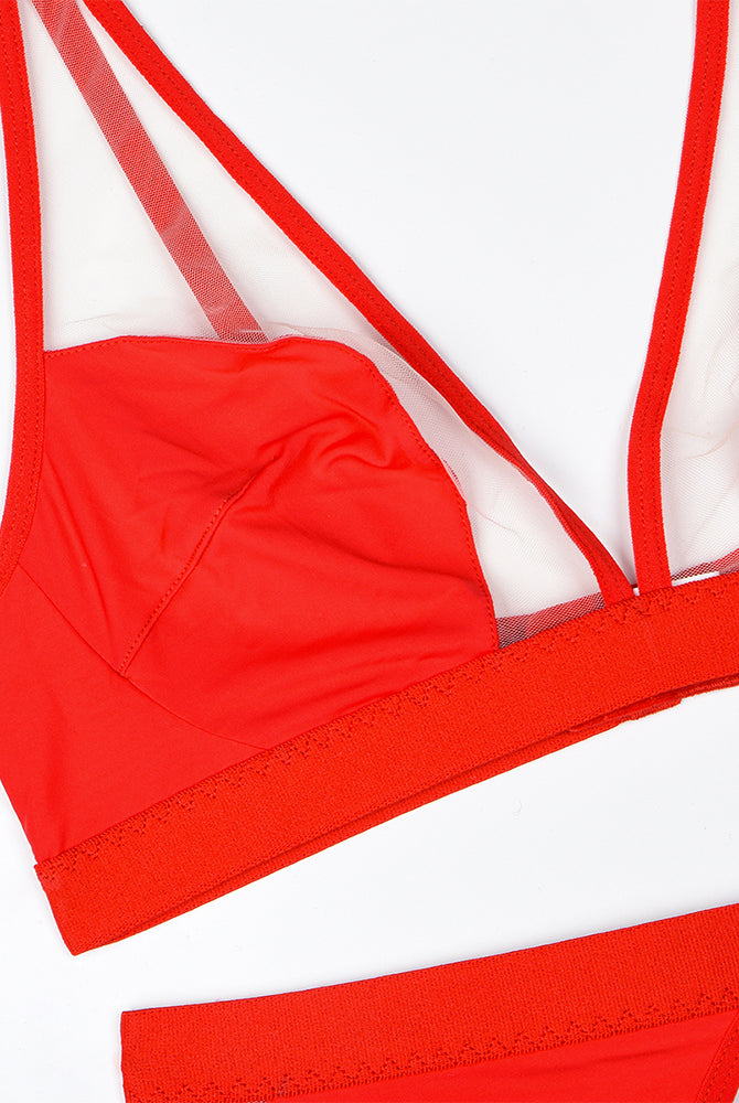Red strappy mesh bra with underband and thin adjustable shoulder straps