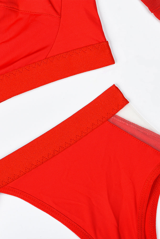 Red lingerie panties with wide elastic waistband and side cutout mesh