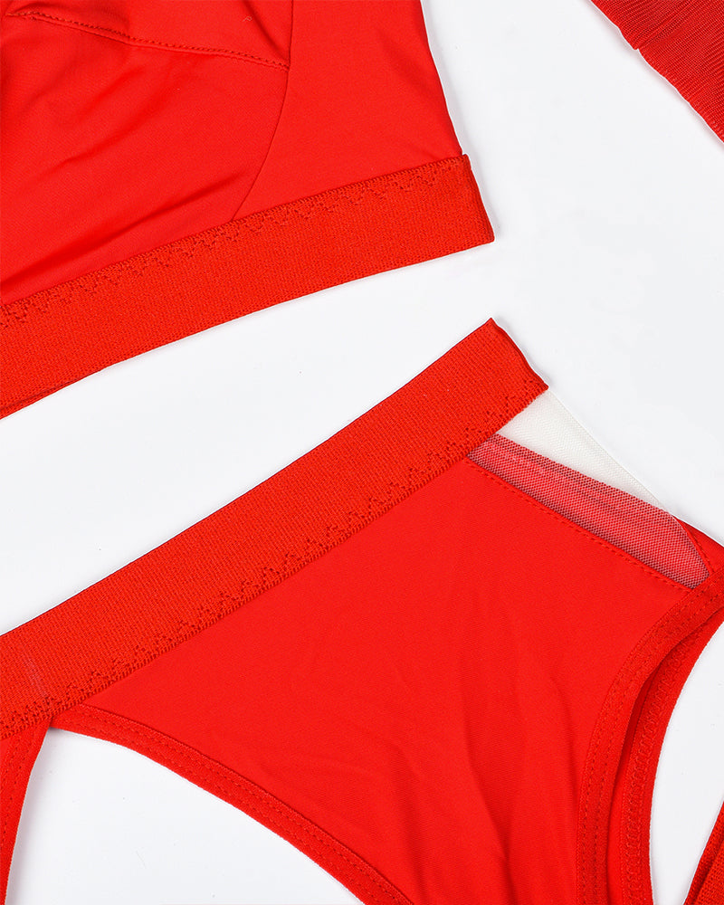 Red mesh lingerie set, close-up view of bra and panty, elegant design for women, perfect gift