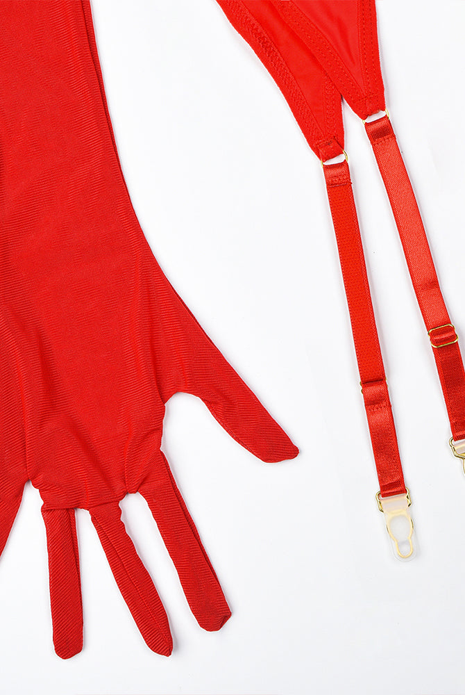 Red fingerless gloves with long sleeves and attached garter straps with clasps