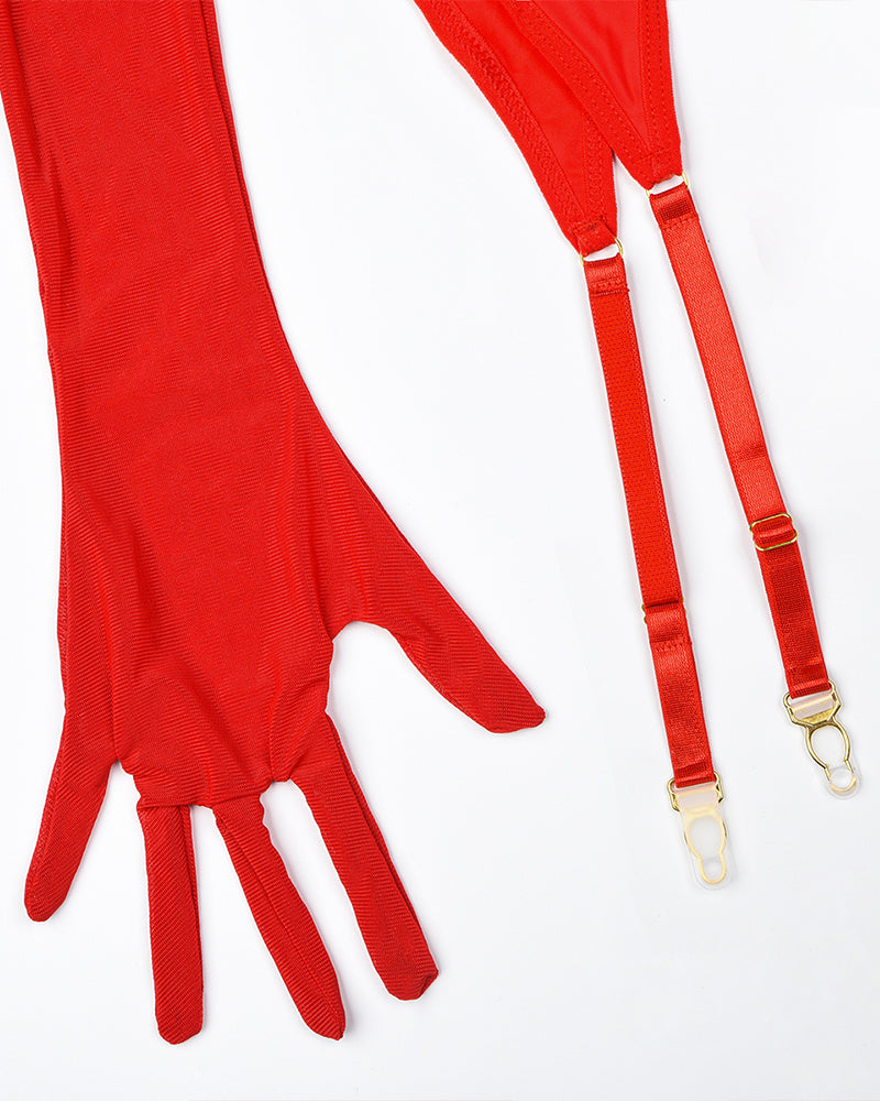 Red mesh lingerie set with long gloves and adjustable straps. Elegant design for a confident look.