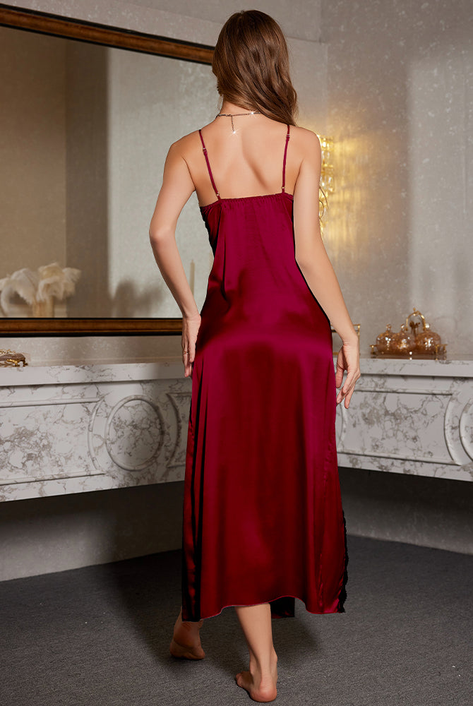 Burgundy ice silk nightdress with high slit and lace accents for elegant home wear