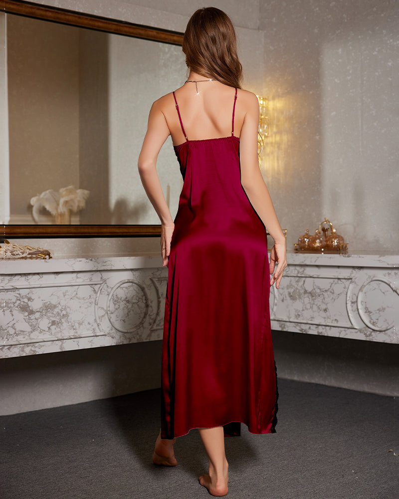 Burgundy ice silk nightdress with high slit and lace accents for elegant home wear