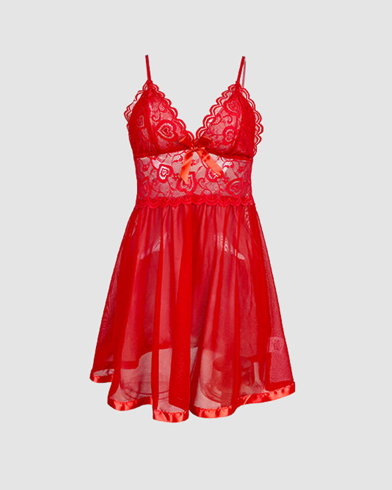Red mesh slip dress with lace bow, spaghetti straps, mini length, perfect Valentine's Day lingerie