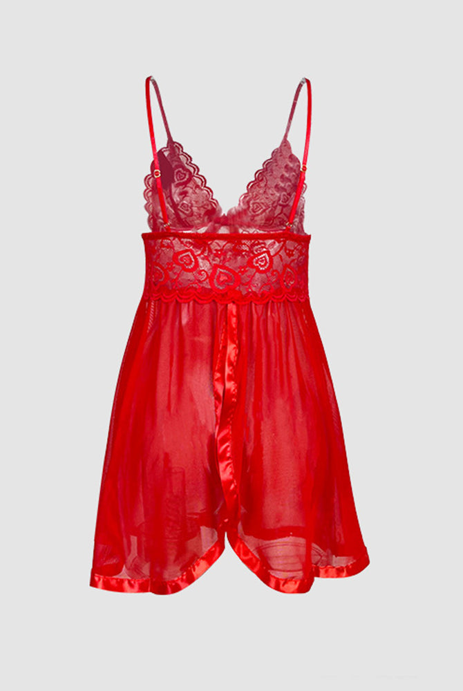 Red mesh Valentine's Day slip dress with lace and bow details