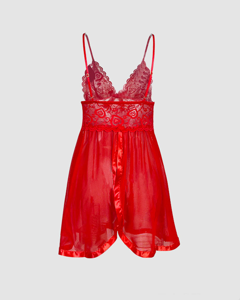 Red mesh Valentine's Day slip dress with lace and bow details