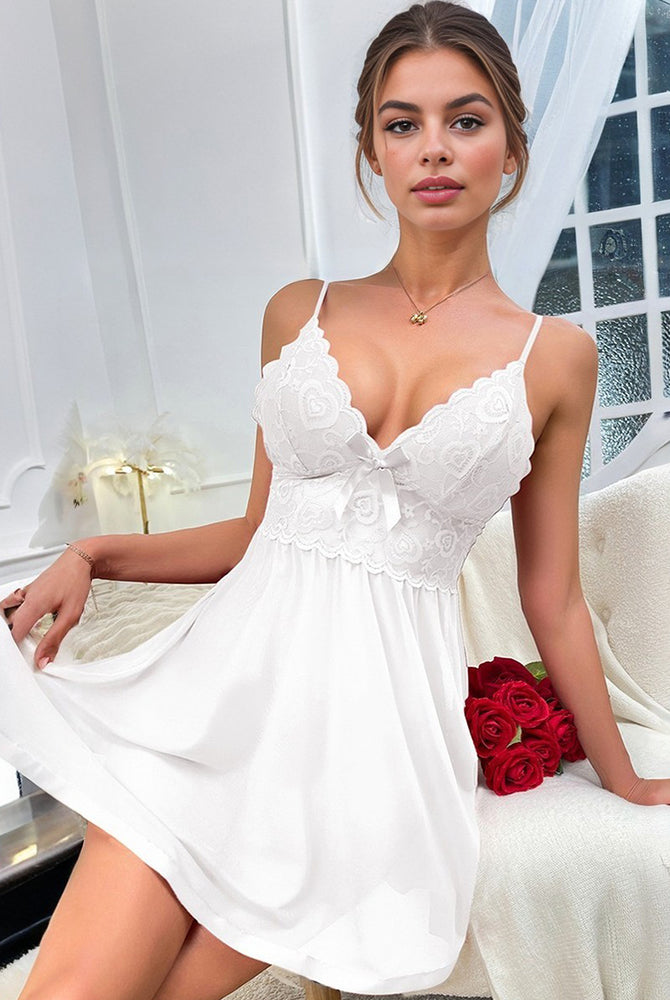 White mesh slip dress with lace bow, spaghetti straps, mini length, perfect Valentine's Day lingerie