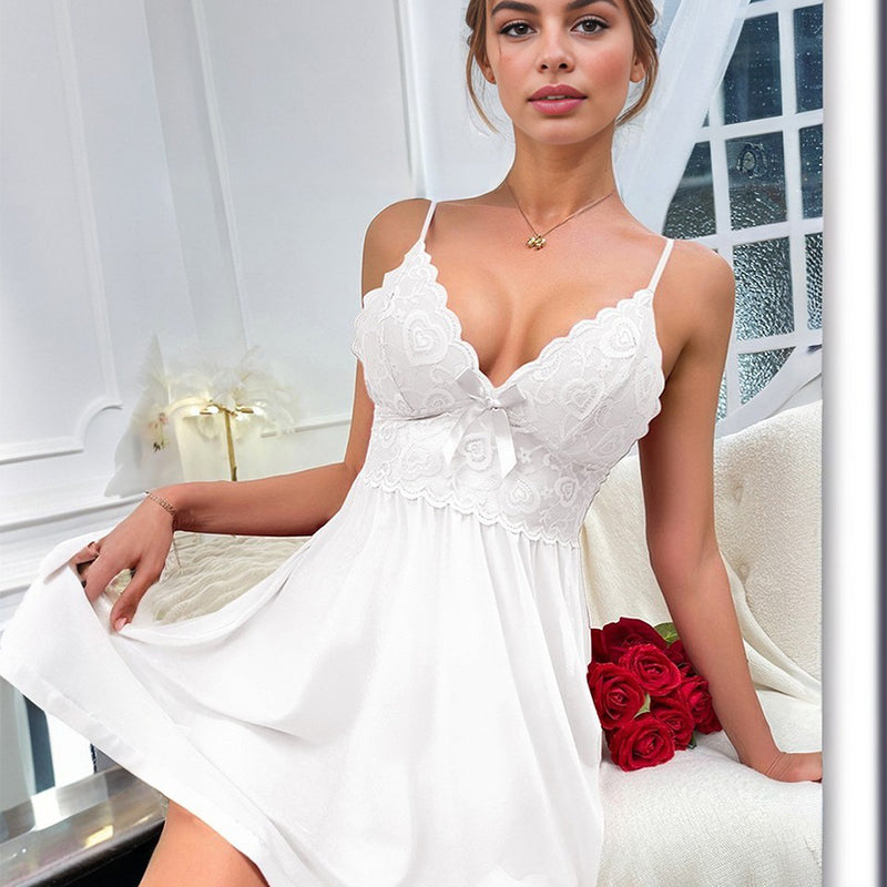 White mesh slip dress with lace bow, spaghetti straps, mini length, perfect Valentine's Day lingerie