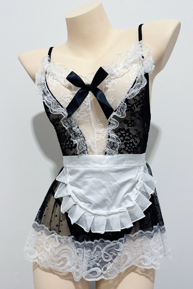 Black and white maid costume dress with lace bodice and black ribbon bows