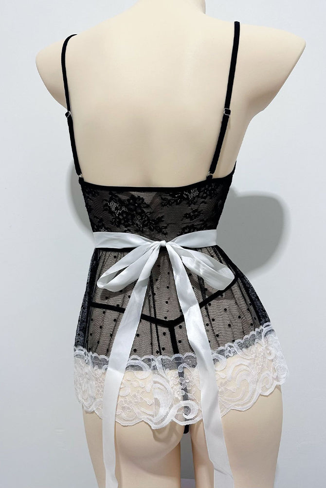 Black lace maid dress back with sheer skirt and white ribbon waist tie
