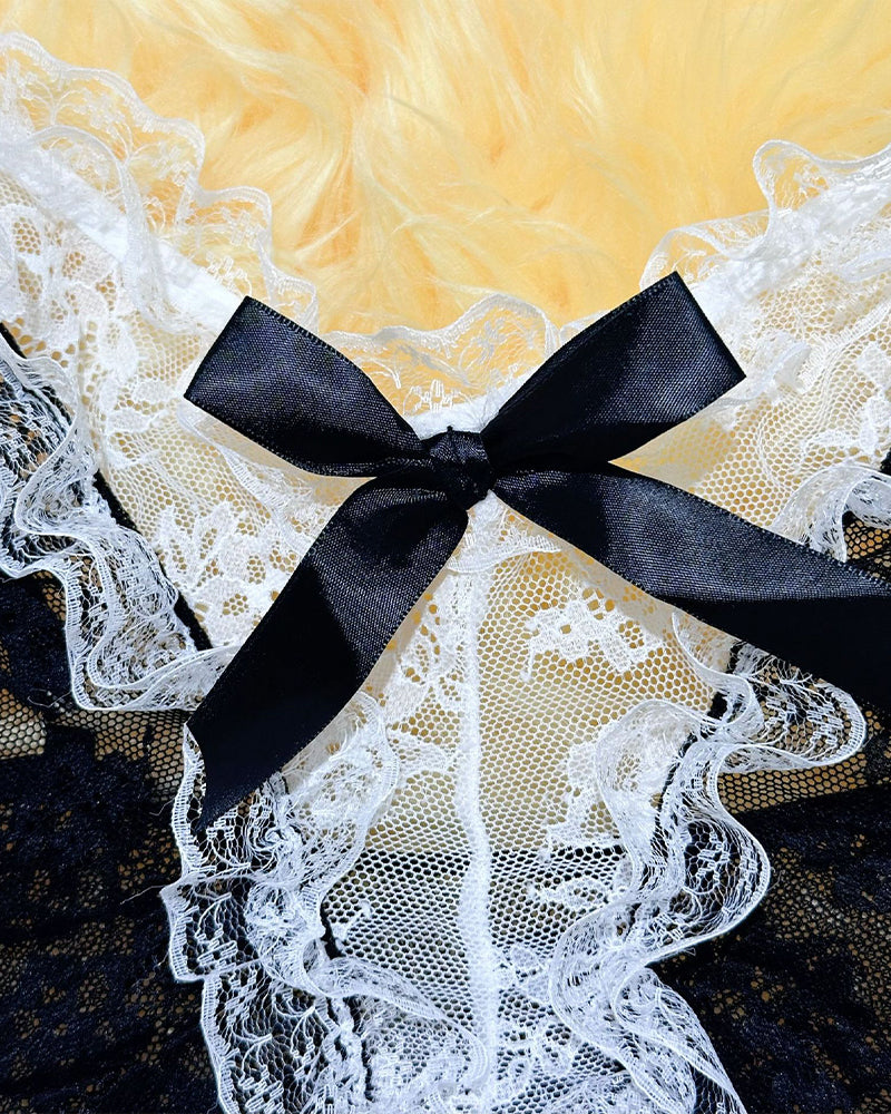 Maid Costume lingerie set detail: black satin bow, white lace trim, and sheer lace fabric, Avidlove