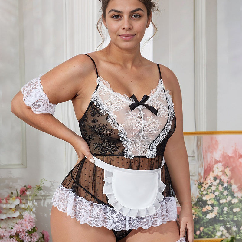 Plus Size Maid Lingerie Set: Black and white lace teddy with apron, garter, and arm cuffs.