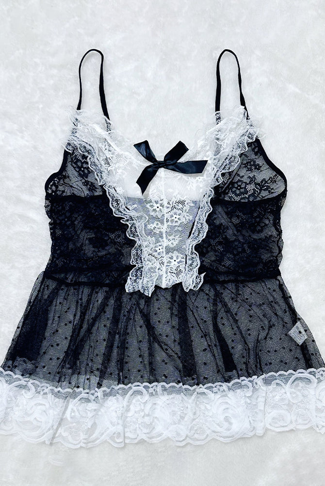 Plus Size Sheer Lace Patchwork Maid Set in Black and White with Lace Trim