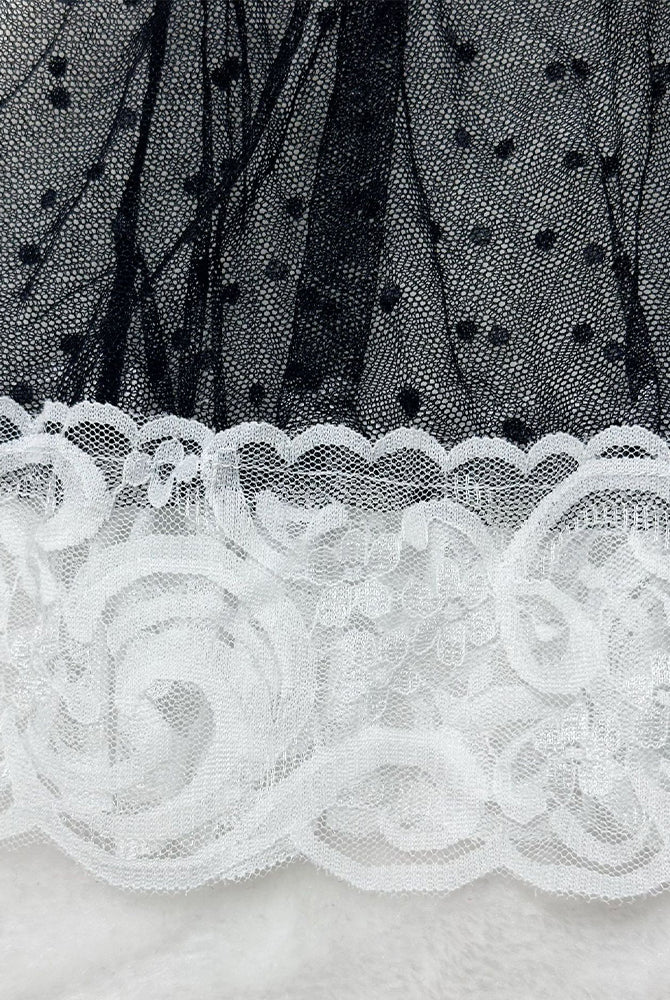 Plus Size Sheer Lace Patchwork Maid Set detail: Black mesh with polka dots and white lace trim