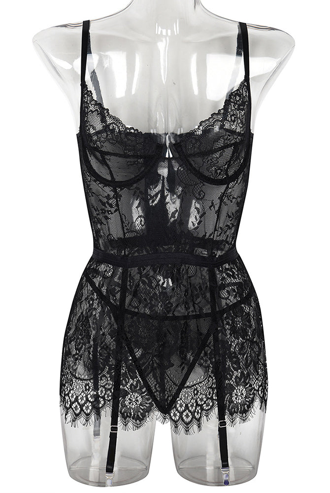 Black lace night dress with G-string, floral lace, and garter straps. See Through Lingerie.