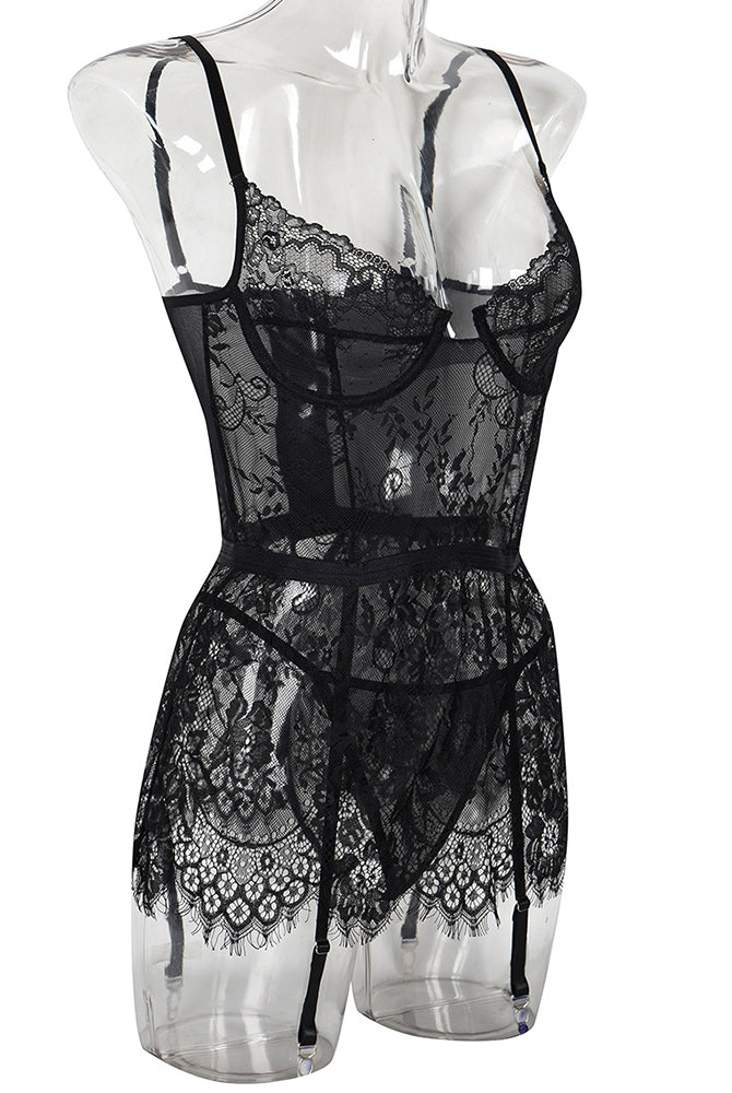 Black lace night dress with G-string, floral lace, and garter straps. See Through Lingerie