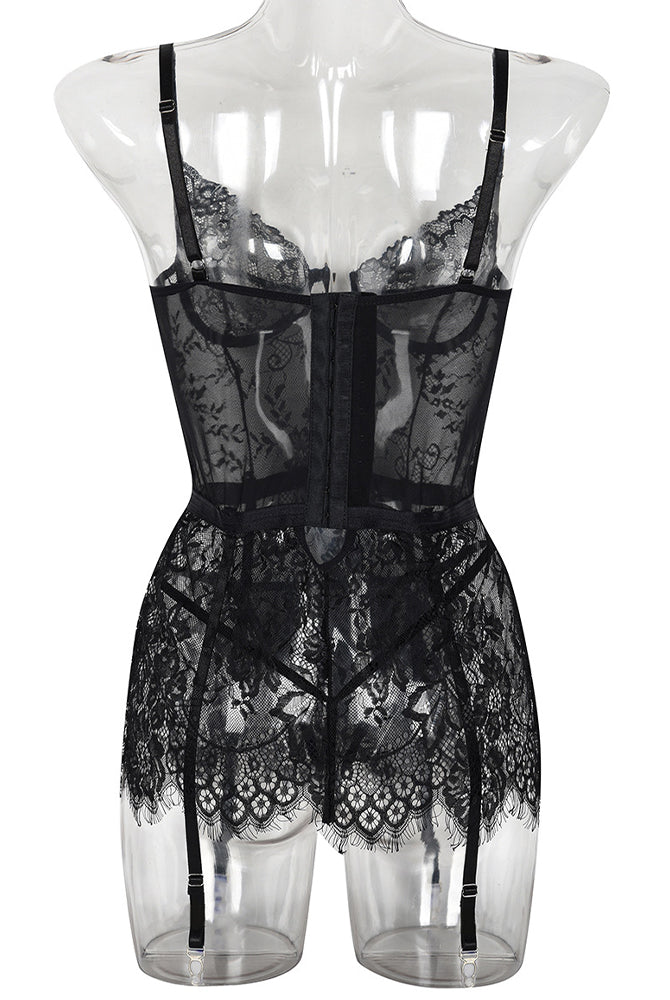 Black lace night dress with garter straps. See Through Lingerie, featuring floral lace.