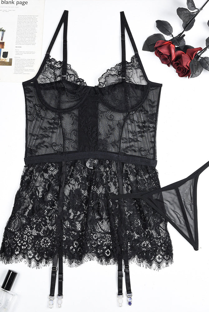 See-Through Black Lace Night Dress with G-String, featuring adjustable straps and floral lace.