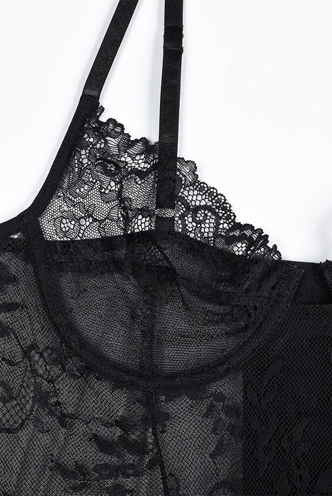 Black lace night dress with adjustable straps and floral lace detail