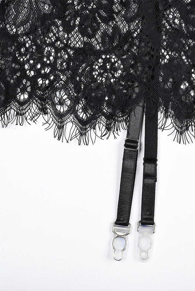 Black lace night dress with floral lace and garter straps. See Through Lingerie