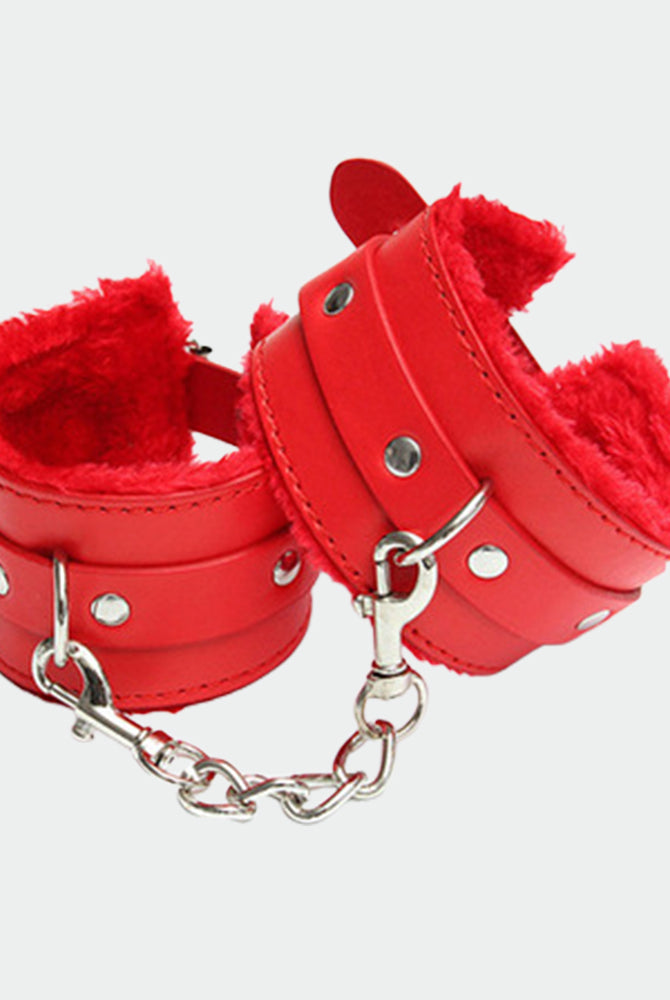 Red plush leather handcuffs with silver chain for role play and intimate moments
