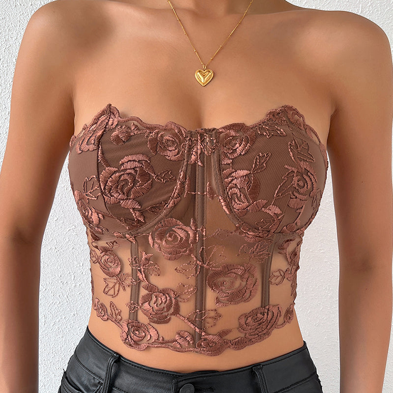 Brown floral strapless mesh bustier with rose embroidery, offering waist shaping and bust support.