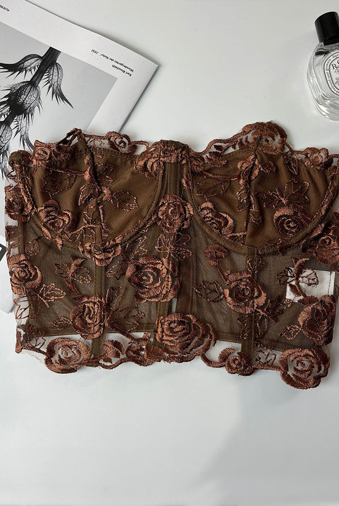 Brown floral strapless mesh bustier with rose embroidery, offering waist shaping and support