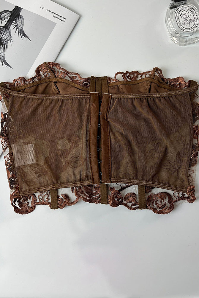 Brown floral strapless mesh bustier with rose embroidery, offering waist shaping and bust support