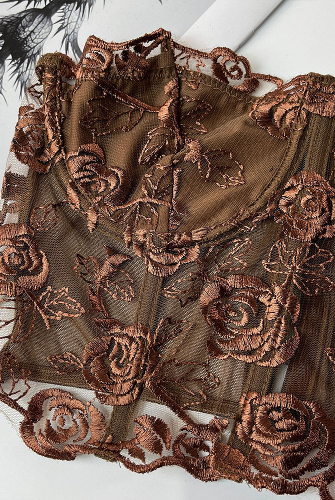 Brown floral strapless mesh bustier with rose embroidery, waist shaping and bust support