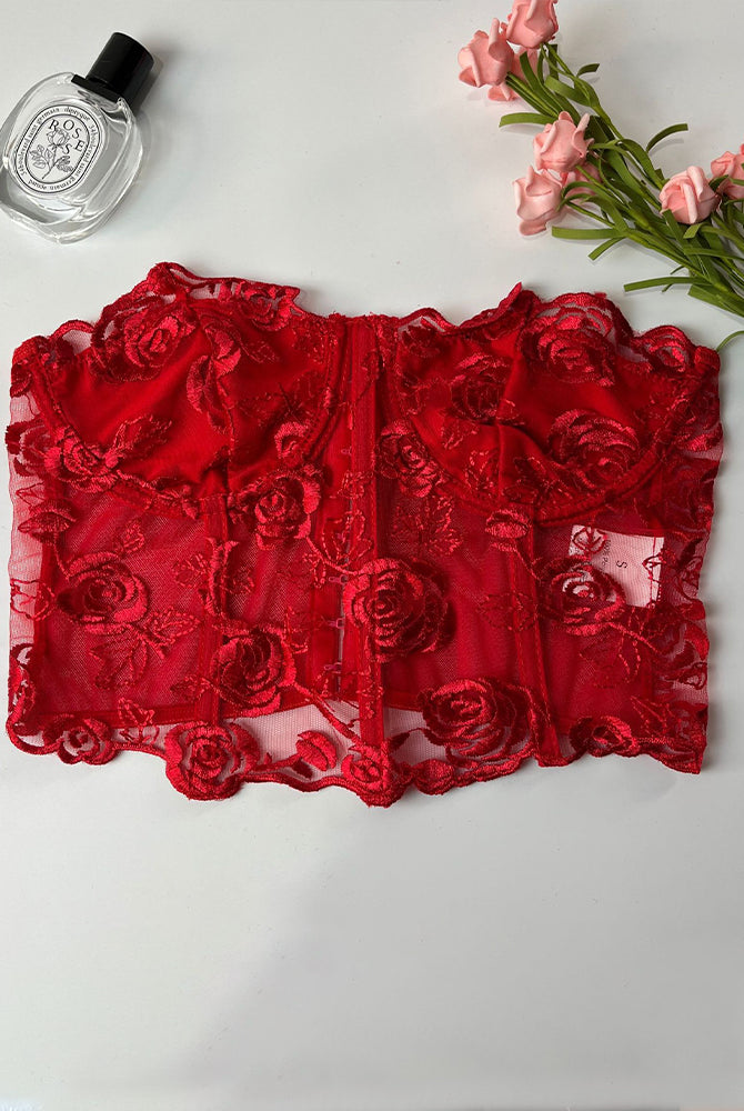 Red floral strapless mesh bustier with rose embroidery, offering waist shaping and bust support.