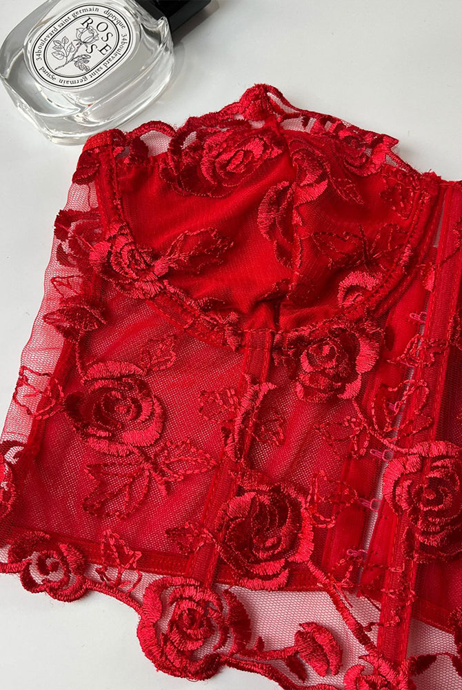 Red floral strapless mesh bustier with rose embroidery, waist shaping and bust support.