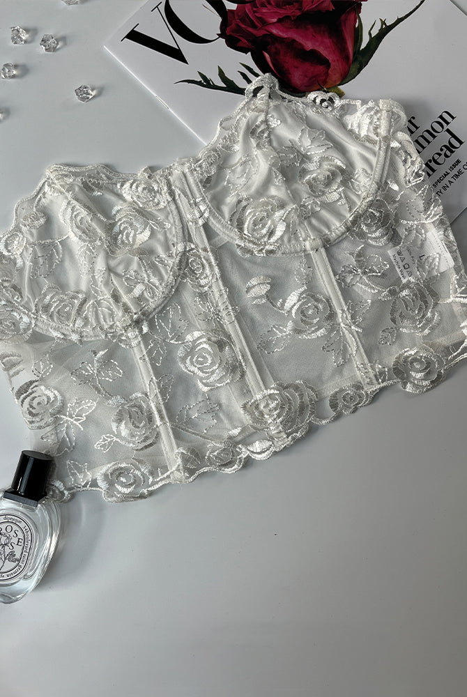 White floral mesh bustier with rose embroidery, strapless top, Vogue magazine