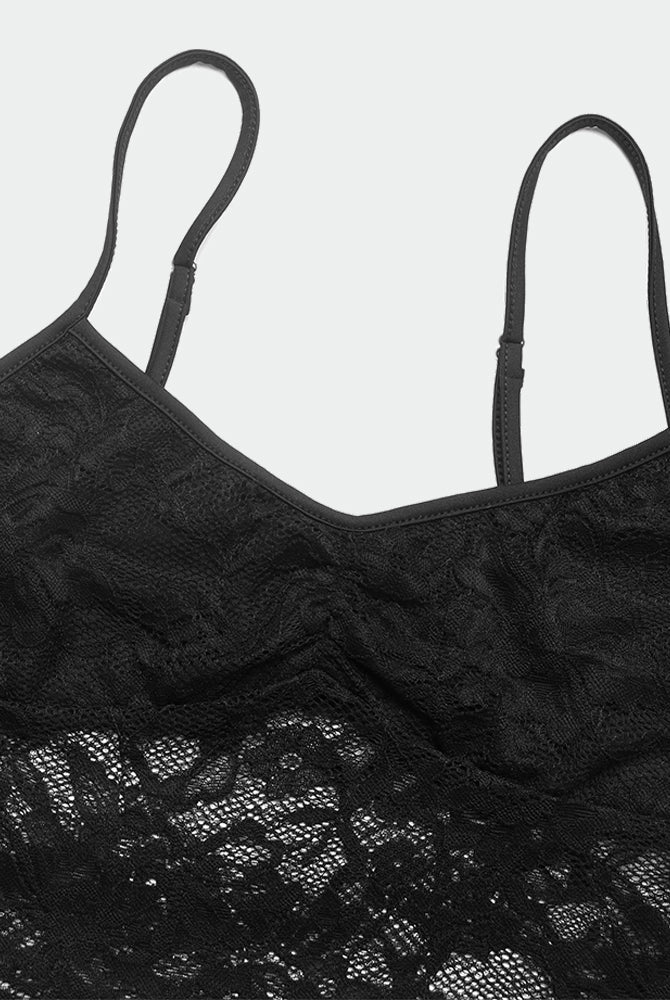 Black lace crop top camisole with spaghetti straps. Slim fit, semi-sheer floral lace lingerie.