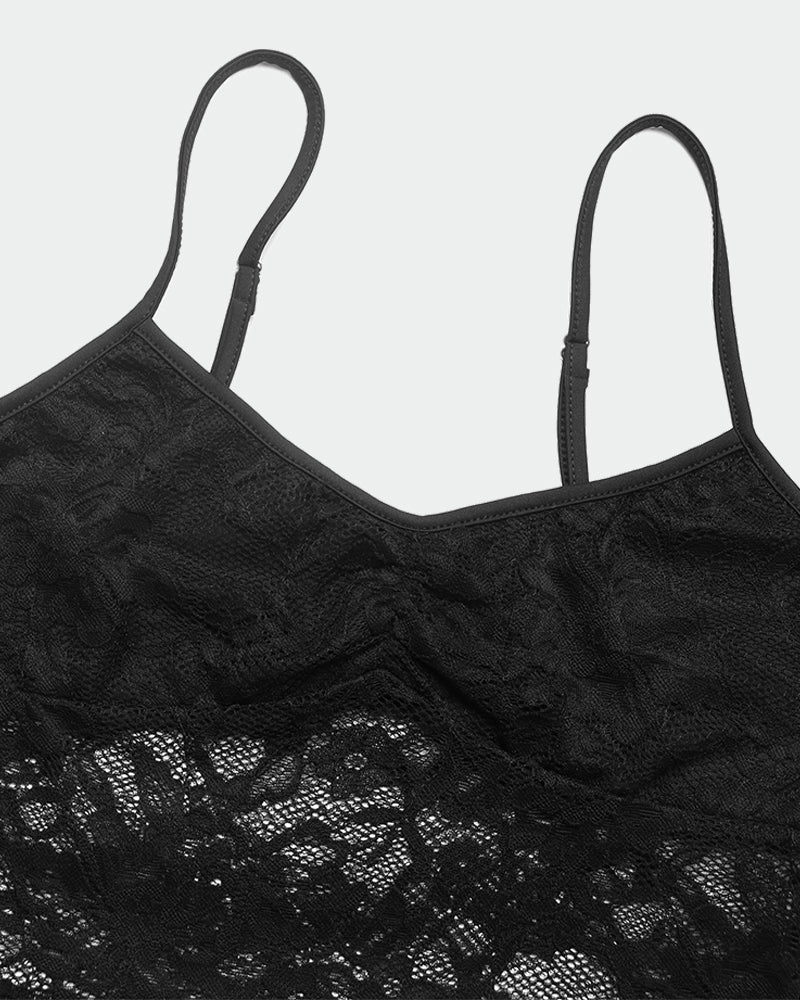 Black lace crop top camisole with spaghetti straps. Slim fit, semi-sheer floral lace lingerie.