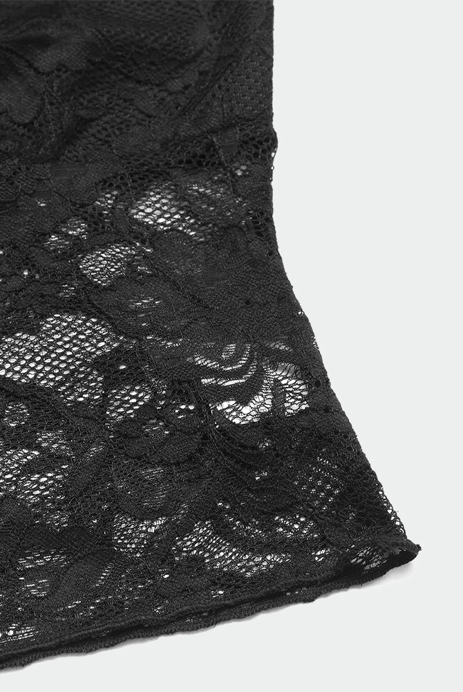 Black lace crop top camisole detail, semi-sheer floral design, spaghetti strap lingerie