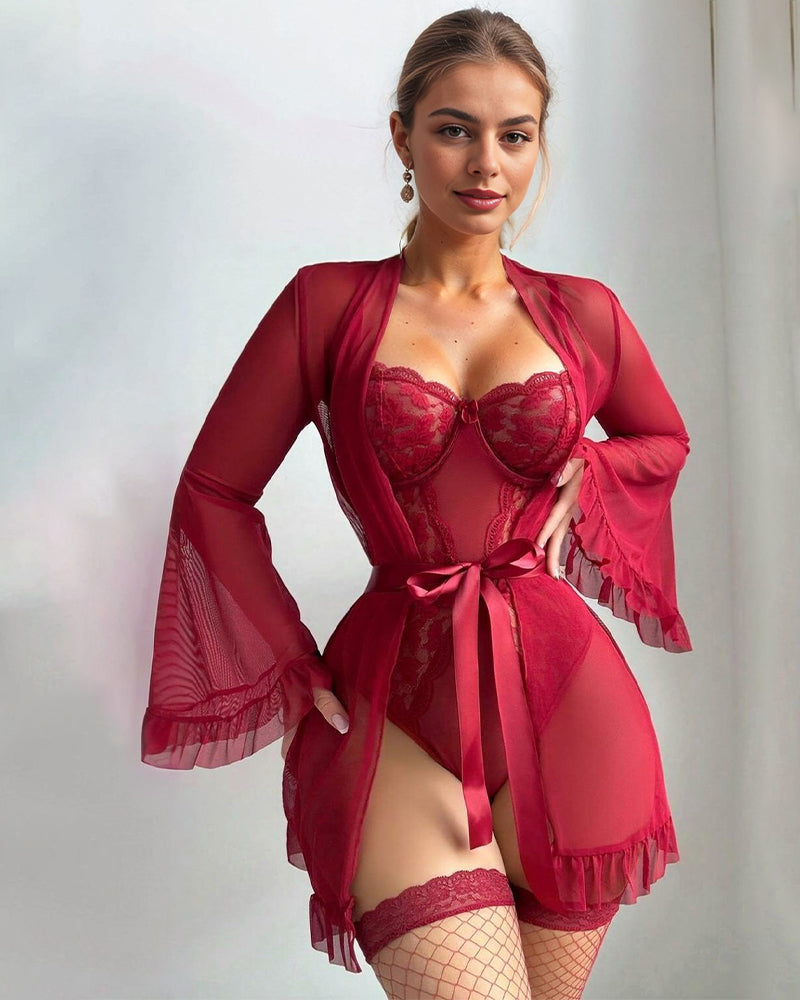 Red lace lingerie set with kimono robe and teddy. Sheer mesh, floral lace, and satin sash details.