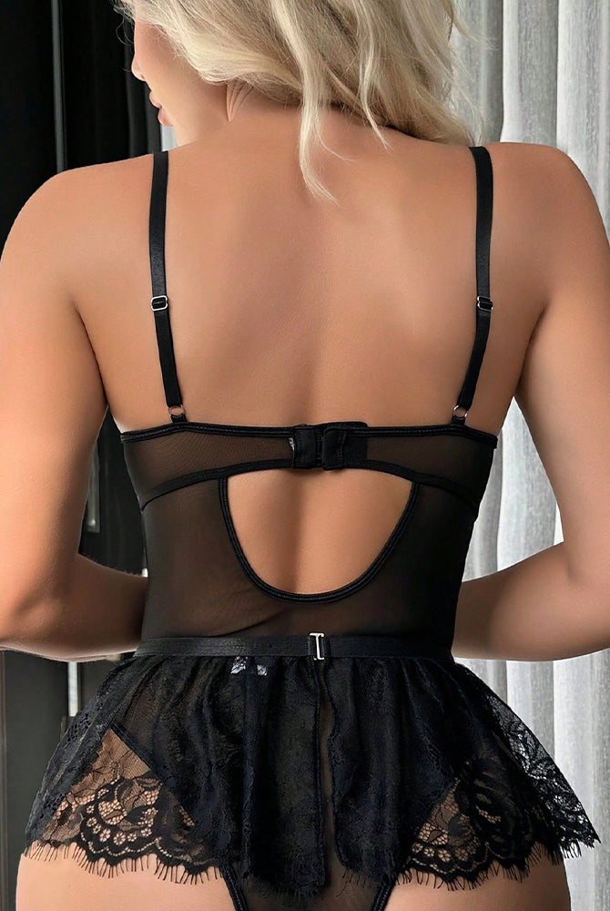 Black lace bodysuit mini skirt with garter, featuring floral lace details and adjustable straps.