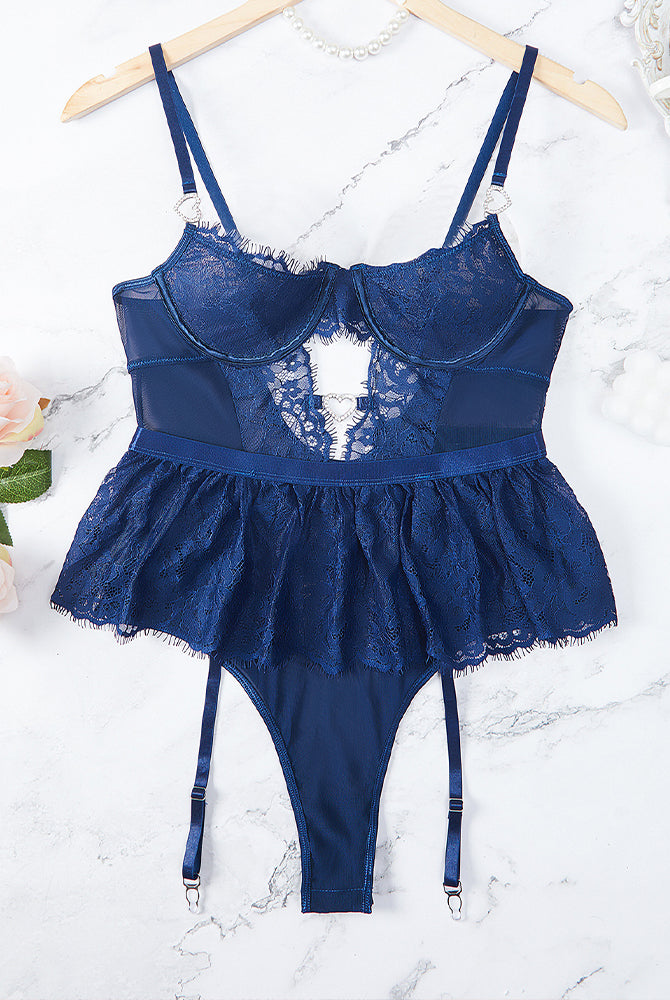 Navy blue lace bodysuit mini skirt with garter, featuring floral lace details. Sexy lingerie.