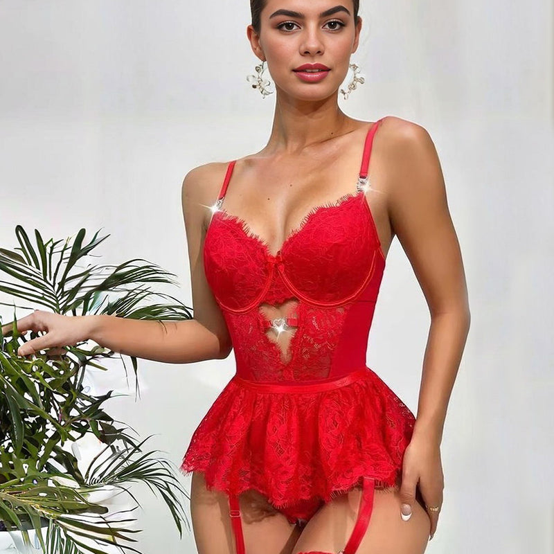 Red lace bodysuit with mini skirt and garter, floral lace lingerie, sexy lingerie