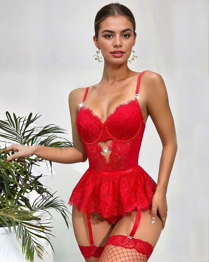 Red lace bodysuit with mini skirt and garter, floral lace lingerie, sexy lingerie