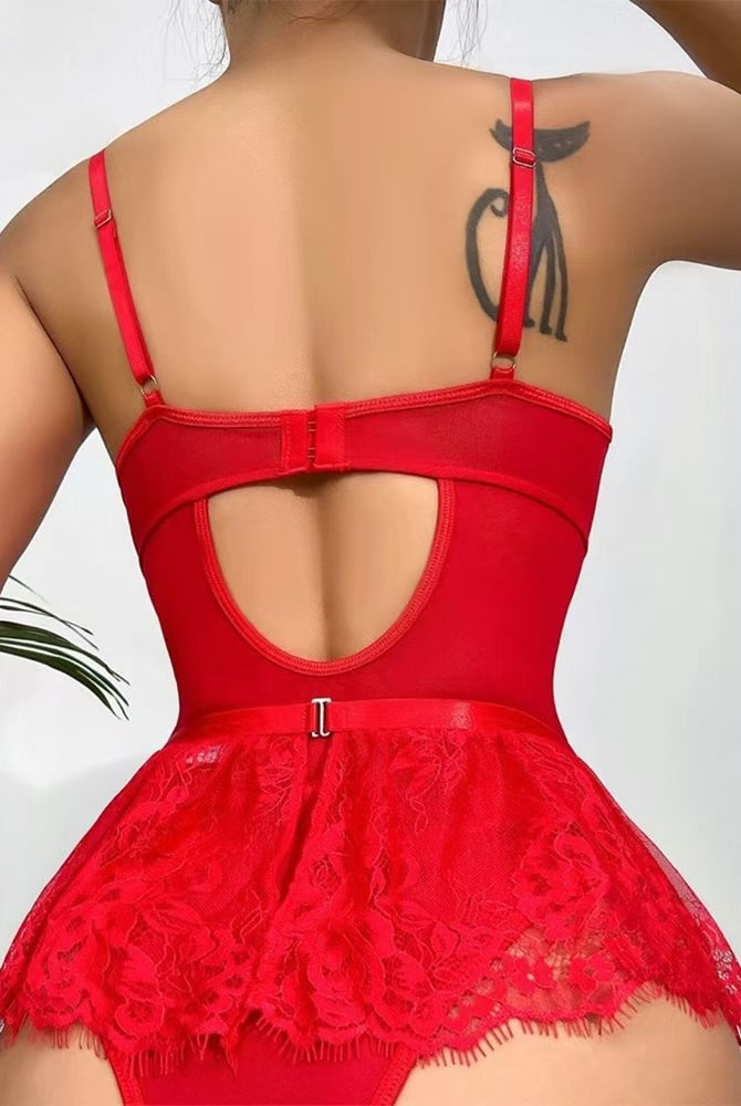 Red lace bodysuit mini skirt with garter, adjustable straps, scalloped edges, sexy lingerie
