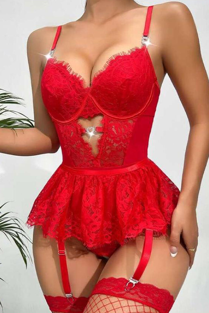 Red lace bodysuit mini skirt with garter, scalloped lace, adjustable straps, sexy lingerie