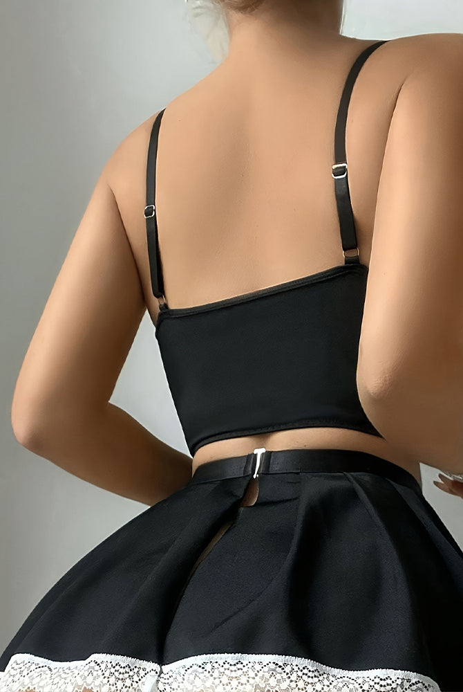 Black Exotic Maid Lingerie set, featuring corset top, skirt with lace trim, and adjustable straps.