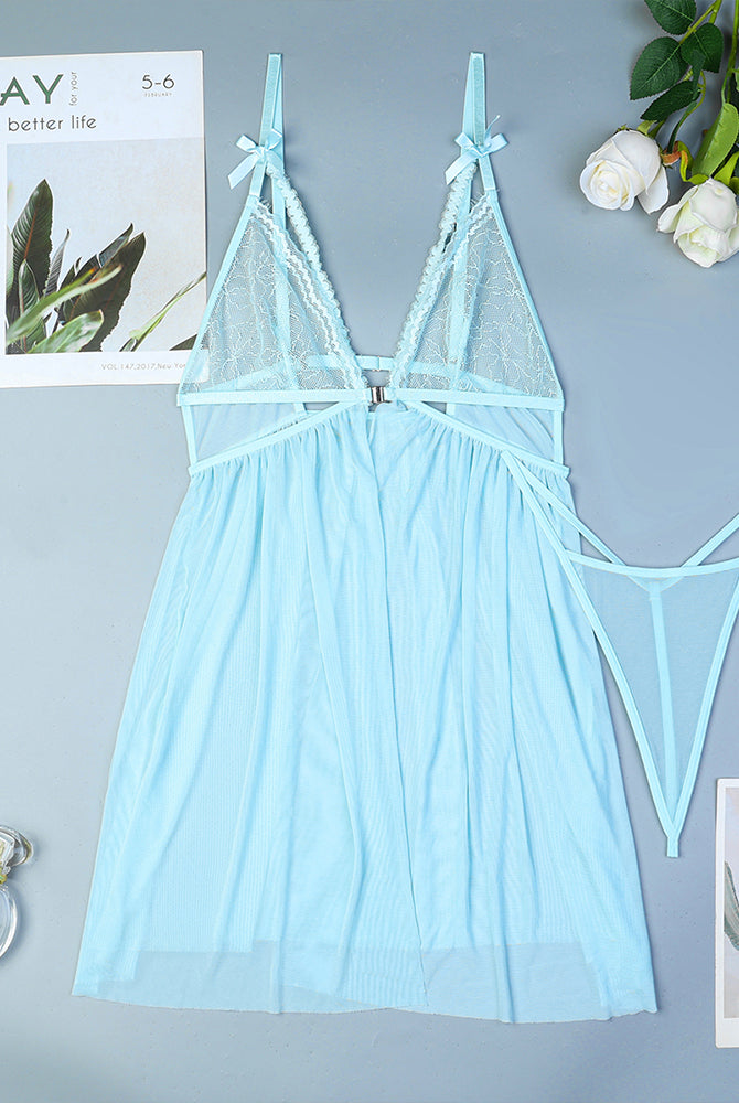 Light blue lace nightdress lingerie set with bowknot, sheer robe, sexy lingerie