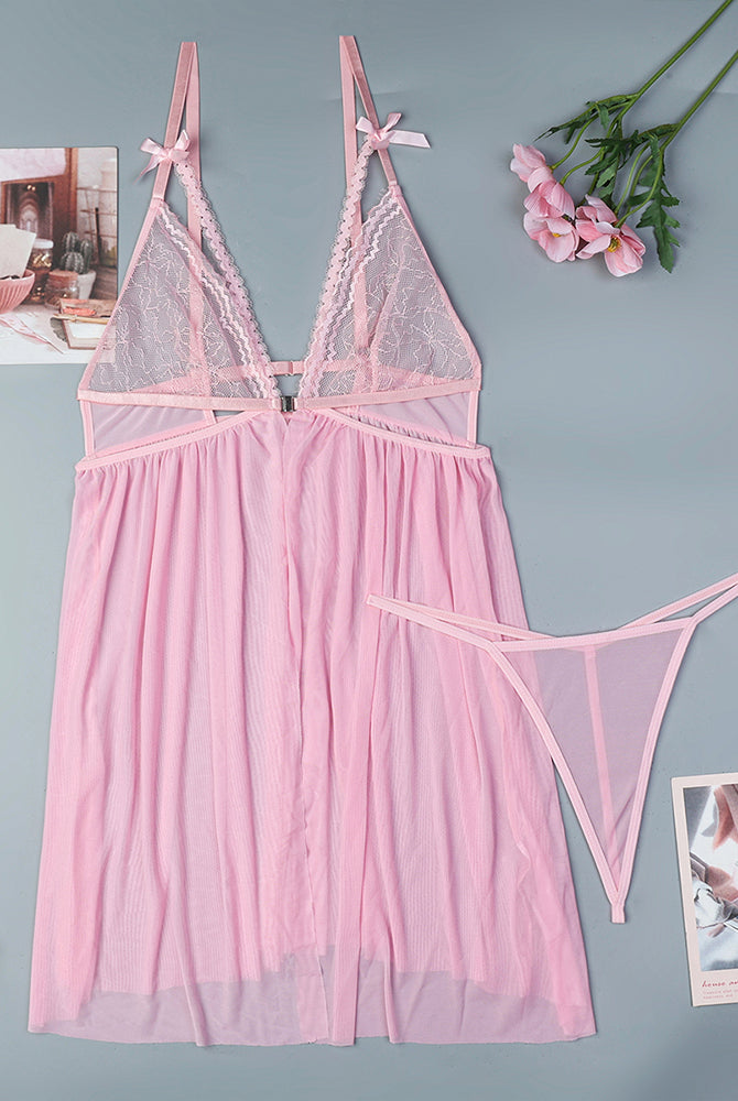 Pink contrast lace nightdress lingerie set with bowknot, sheer robe and matching thong