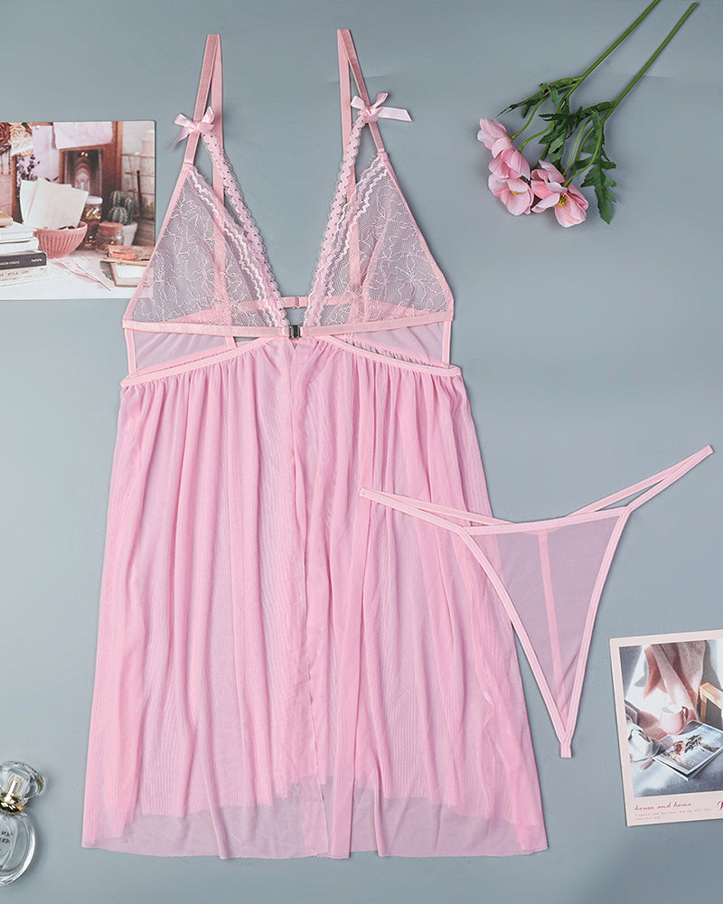Pink contrast lace nightdress lingerie set with bowknot, sheer robe and matching thong