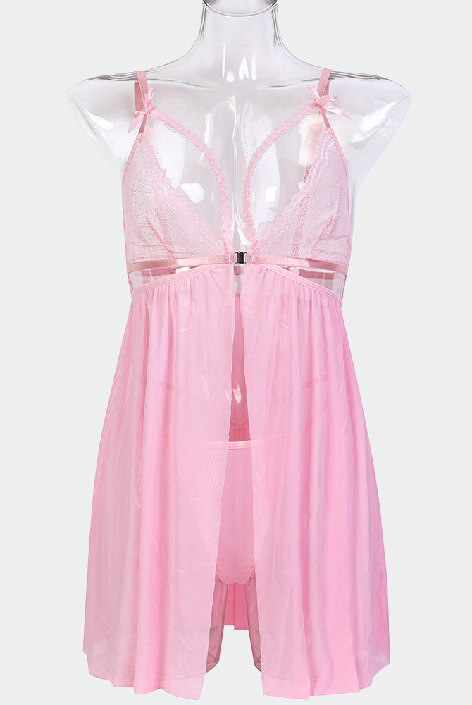 Pink contrast lace nightdress lingerie set with bowknot, sheer robe, and matching thong